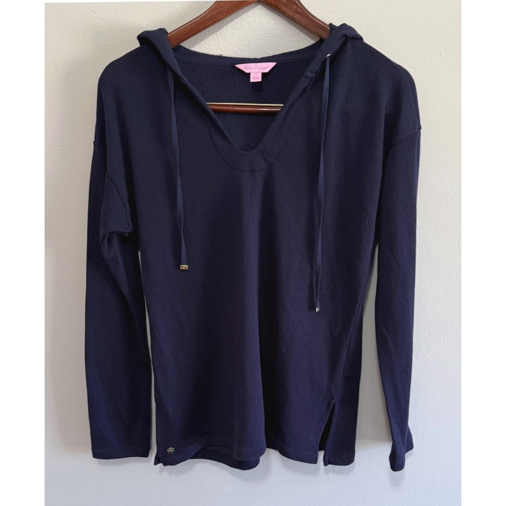 Lilly Pulitzer Navy Blue French Terry V-Neck Hudson Pullover Hoodie Sz Small